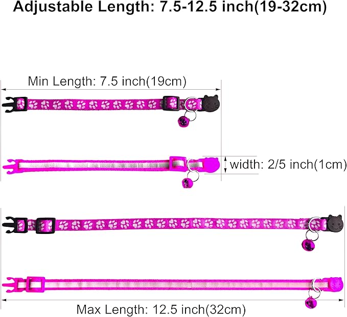 2 Pack Breakaway Cat Collars with Bells, Reflective Design and Claw Print Design, Safety Buckle Kitten Collars Adjustable from 7.5 to 12.5 Inches (Rose)