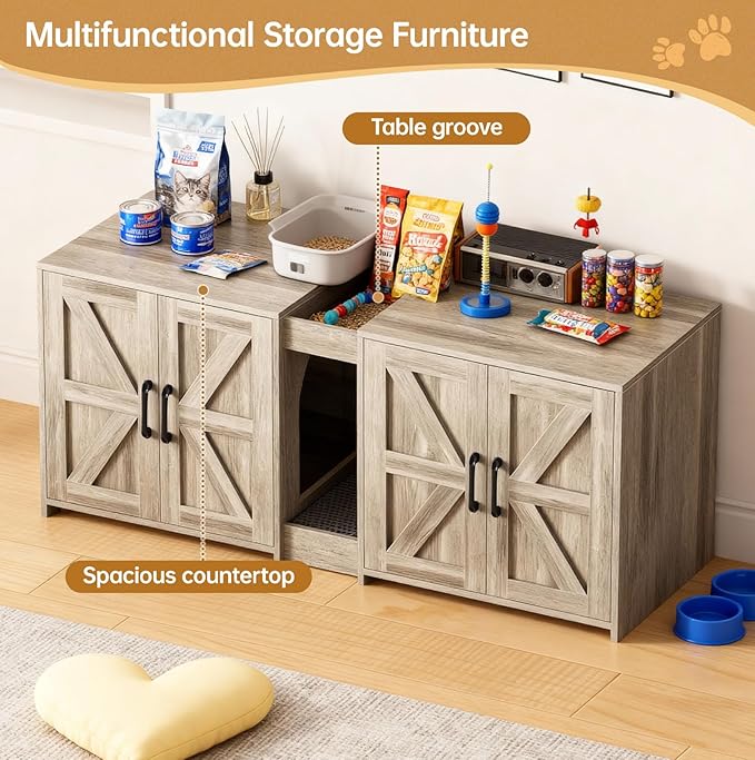 Cat Litter Box Enclosure Furniture - Hidden Litter Box Double Cabinet with Scratch Pad & Cats Bed | Farmhouse Style End Table for Cats | Discreet Cat Washroom for Living Room & Bedroom Grey