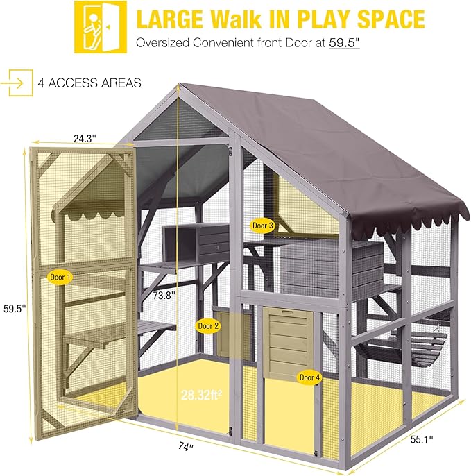 Aivituvin Large Catio Outdoor Cat Enclosure Window Design for 6-10 Cats, 74" H Walk-in Patio Cat House with 4 Access Doors, Waterproof Roof, Spacious Kitty Cage for Multiple Indoor Outdoor Cats