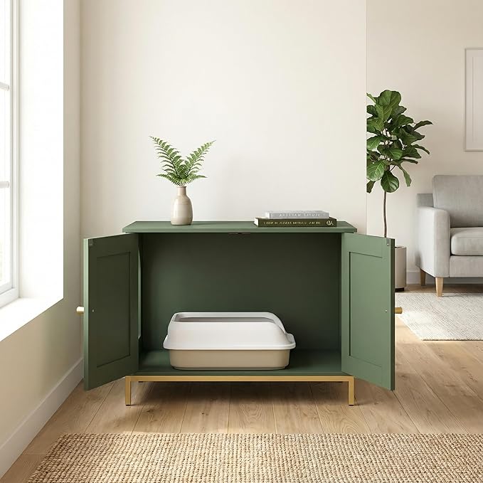 Homhedy Cat Litter Box Enclosure, Cat Washroom Furniture with Metal Frame, Pet House, Fit Most of Litter Box, Modern Style, Green and Gold