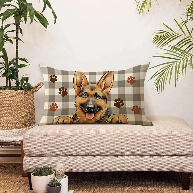 German Shepherd Dog Lumbar Decorative Throw Pillow Cover 12x20, Rectangular Paw Prints Outdoor Home Decor Pet Owner Lover Gift, Farmhouse Buffalo Plaid Sofa Couch Cushion Case Housewarming Gifts