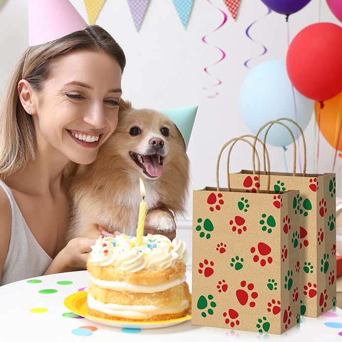Blulu 20 Pcs Puppy Dog Paw Gift Bags with Paper Twist Handles, Dog Gift Paper Paw Treat Goodie Bags for PET Treat Party Favor, 6.3 x 3.1 x 8.6 Inch (Kraft Backing, Red Green Paws)