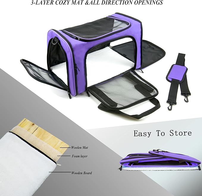 Soft Sided Carrier for Small Medium Cats Dogs,Removable Pad Collapsible Travel Pet Carrier Large Purple