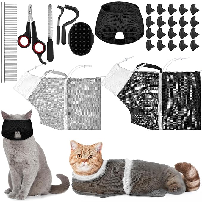 10 Pcs Cat Bathing Bag Set Pet Mesh Shower Bag Anti Bite and Scratch Pet Grooming for Washing Brush, Cat Muzzle, Nail Clipper, Nail File, Tick Tool(Gray and Black)