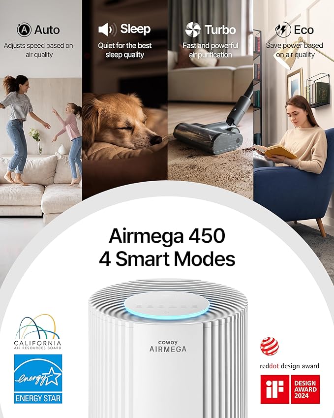 COWAY Air Purifier for Large Room Whole Home Up to 3,285 ft², HEPA Filter for Smoke, Allergen, Pet Dander, Odor, PM(1, 2.5, 10), AQI, Turbo Eco Mode, Energy Star, 3yr Warranty, Airmega 450 Beige