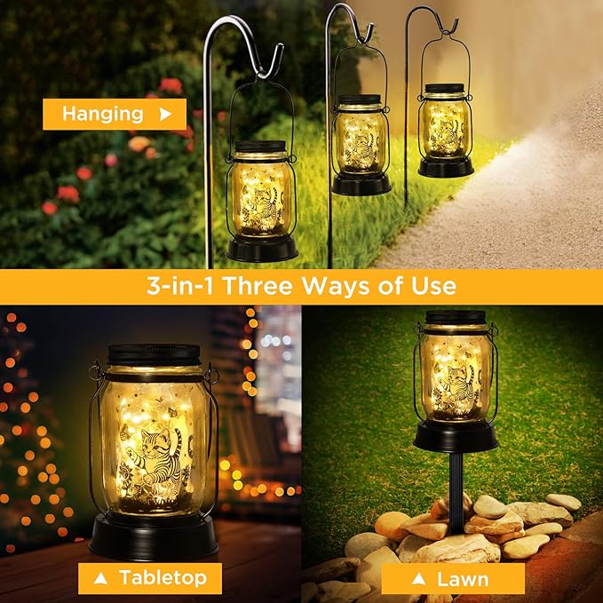 kyoryuger Cat Gift for Women Cat Gifts Solar Lantern, Cat Solar Lights Outdoor Cat Lover Gifts for Women Men Cat Lovers Gifts Hanging Cat Lanterns for Yard Garden Decor Waterproof Lantern Torches