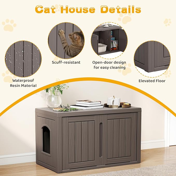 Cat Litter Box Enclosure, Multi-Functional Hidden Enclosed Litter Box Furniture with Adjustable Partition, Indoor Outdoor Cat House Weatherproof, Side Table, Easy to Clean & Assemble, Gray