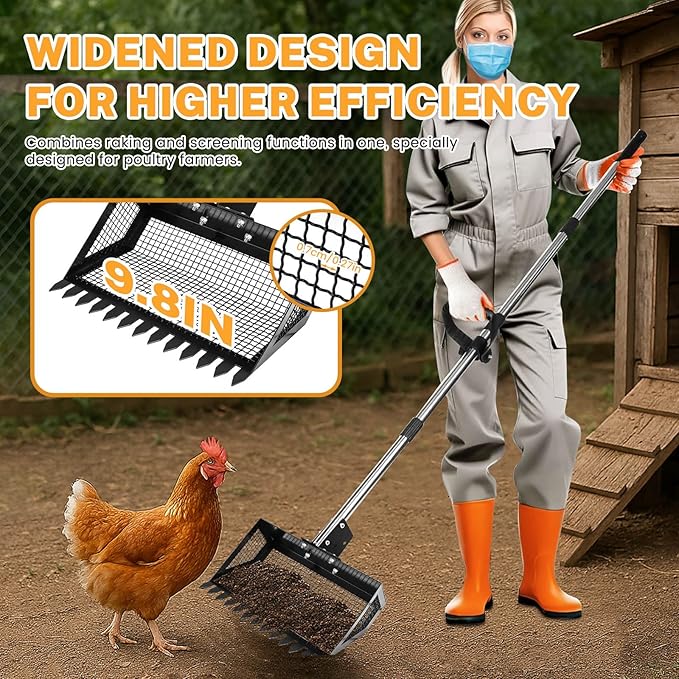 9.8×9.1in Chicken Poop Scooper, Chicken Coop Rake, Multifunctional 2 in 1 Sifting Shovel for Cow Shed Raking/Pet Waste/Yard Cleanup, Adjustable Length/Angle Coop Scoop with Ergonomic Handle (Black)