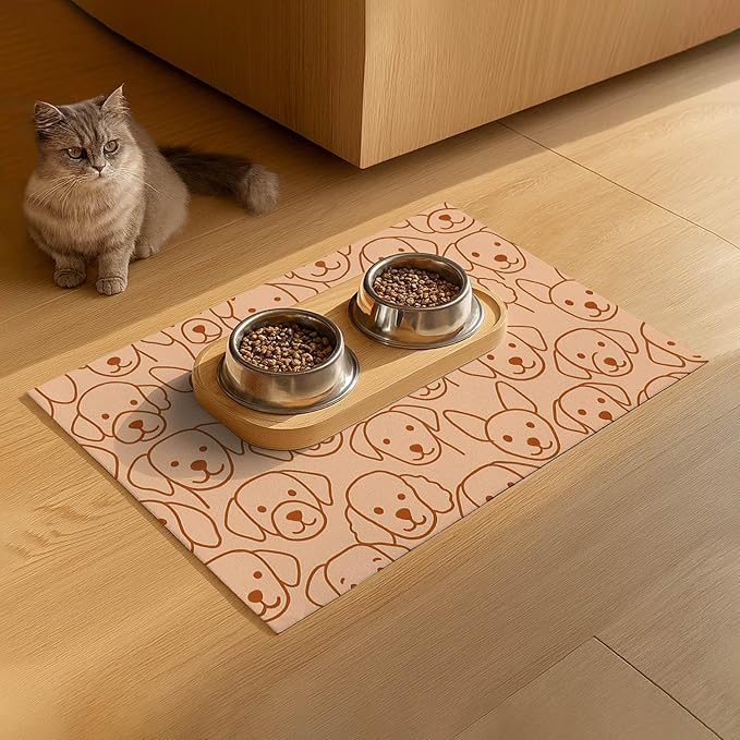 Adorable Cute Dog Faces Pattern Pets Food Mat Spill-Proof Pets Feeding Mats Cats Food and Water Bowl Pet Easy Clean Fast Dry Pet Mats for Foods and Water Mat for Cat Dogs 20" x 12"