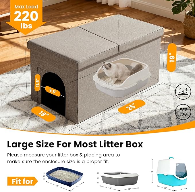 3-in-1 Cat Litter Box Enclosure with Odor Control, Multi-Functional Hidden Litter Box Furniture Bench, Dog Proof, Space-Saving Ottoman Cabinet with Flip-Up Lid, Storage Footrest, Light Grey