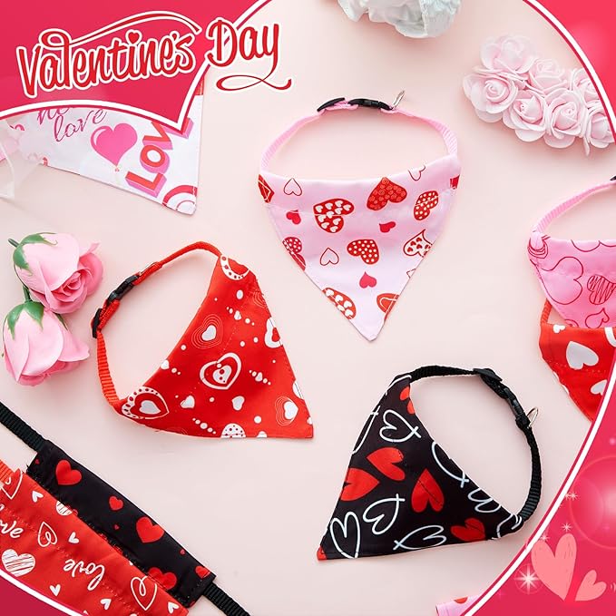 Sanwuta 10 Pcs Mother's Day Cat Collar Bandanas, Breakaway Adjustable Kitty Triangle Scarf with Red Pink & Black Heart Prints, Cute Cat Costume for Mom Gift, Photos & Spring Party