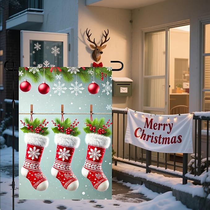 Christmas Garden Flag Three Stockings Winter Garden Flag 12x18 Inch Double Sided Outdoor Decoration for Holiday Season Yard Porch Lawn Display Festive Snowflake Banner