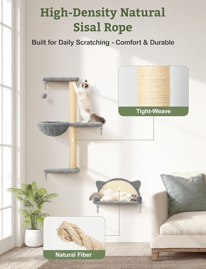 5-in-1 Cat Wall Shelves, Solid Wood & Velvet & Sisal Scratcher, 44lbs Max Load, Wall Mounted Cat Furniture for Climbers, Cat Climbing Wall System, Fits Drywall & Solid Walls - Cool Gray