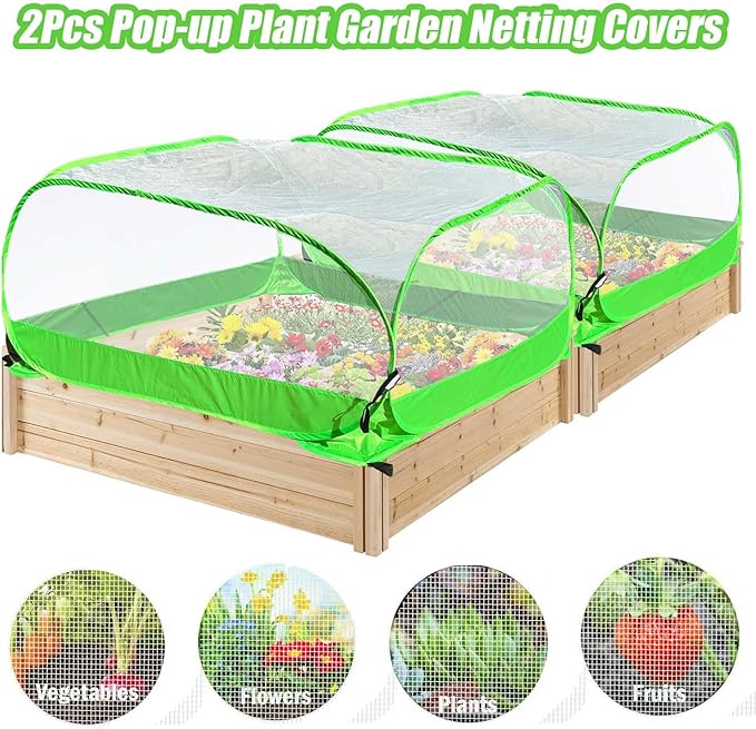 Pop Up Garden Mesh Plant Cover 2Pcs Outdoor Plant Protector Mesh Plant Enclosure Raised Bed Garden Bird and Pest Protection Guard for Fruits Vegetables Seedlings and Herbs