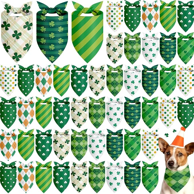 Weewooday 50 Pcs St Patricks Day Bandanas Bulk for Dogs Adjustable Irish Shamrocks Clover Green Plaid Triangle Soft Bibs Puppy Bandana for Small Medium Large Cat Pet Costume(19.7 x 13.8 x 13.8 Inch)