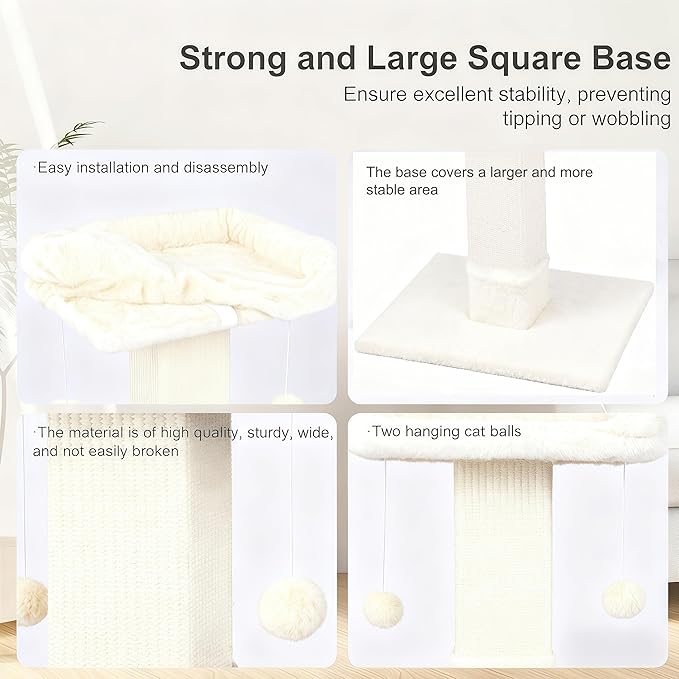 34" Cat Scratching Post for Indoor Cats, Sisal Cat Scratcher with Large Plush Perch, Vertical Posts with Elevated Bed and with Two Dangling Balls, Removable & Washable Cover, Beige White