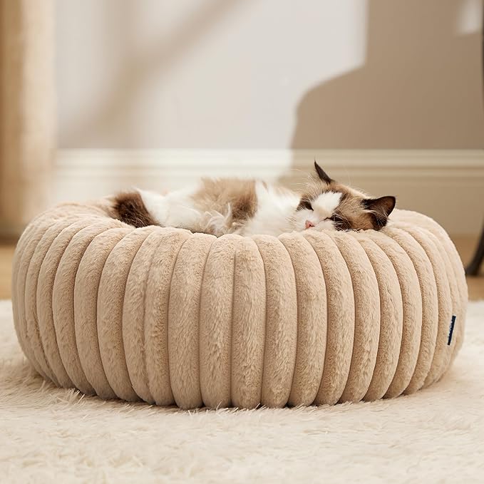 Bedsure ComfyFleece™ Cat beds for Indoor Cats - Donut Dog Beds for Small Dogs with Corduroy Fleece & Anti Slip Bottom, Faux Fur Pet Beds with Washable Removable Cover, Sandy Beige, 20x20x6 inches