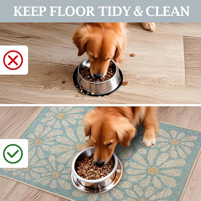 SHIYUE Dog Food Mats for Floors, Absorbent Cat Bowl for Food and Water, Non-Slip Accessories Pet Supplies(16"x24",Sky Blue Flower)