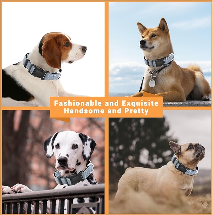 2 Pack Reflective Dog Collar with Safety Locking Buckle, Adjustable Soft Breathable Comfortable Nylon Pet Collar for Small, Medium and Large Dogs, Gray, XL