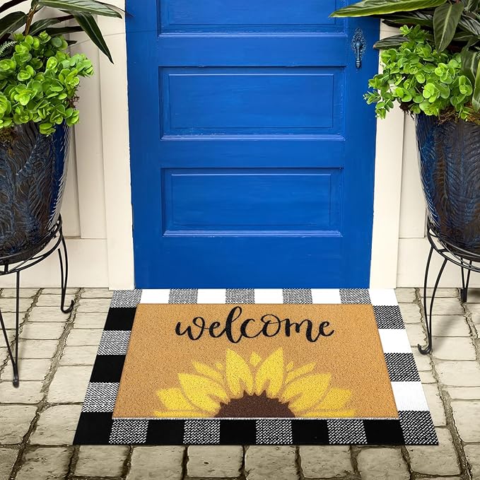 Tinideya 2 Pcs Summer Door Mat Sunflower Welcome Non Slip Coir Mats Floral Buffalo Plaid Floor Layering Doormats for Home Front Door Porch Entryway Decor