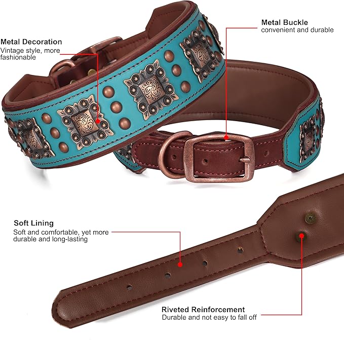 PET ARTIST Genuine Leather Dog Collar for Large Dogs, 2 inch Wide Luxury Dog Collar with Rivet Studded & Metal Buckle, Comfortable & Stylish Pet Collars for Great Dane Rottweiler,Green,Neck 22-25"