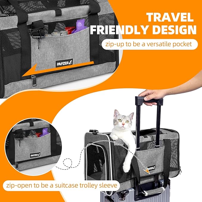Cat Carrier Soft-Sided Travel Bag for Medium to Large Cats Over 15lbs, Small Dog Carrier Crate Top Entry Breathable Mesh Puppy 12 Pounds, Pet Rabbit Carrying Cage Kennel Collapsible Grey
