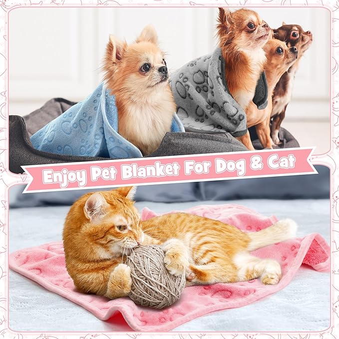 Tegeme 12 Pcs Pet Blankets Soft Fluffy Fleece Dog Cat Warm Paw Print Pattern Blankets Flannel Throw for Pets Dog Puppy Cat(30 x 20 Inch,Pink,Gray,Blue)