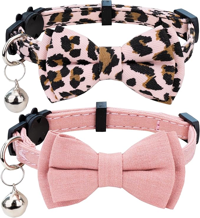 Collar for Cat Pet Breakaway with Bell Bowtie Detachable Bow Adjustable Safety Kitten Puppy Girl Boy 2pcs Pink Leopard & Pure