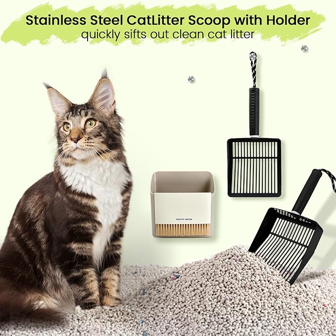 Metal Cat Litter Scooper with Holder, Stainless Steel Metal Litter Scoop Includes Portable Small Broom and Dustpan Set, Speed Sifter Cat Litter Scoop Captures All Clumps, Non-Slip Handle, Easy Clean