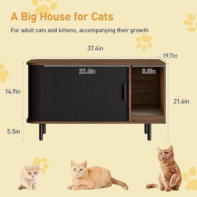 Cat Litter Box Enclosure with Cat Scratch Pad, Sliding Door, 37.4" Litter Box Enclosure Furniture Hidden Litter Box, Modern Indoor Cat House, TV Stand, Side End Table for Living Room, Black