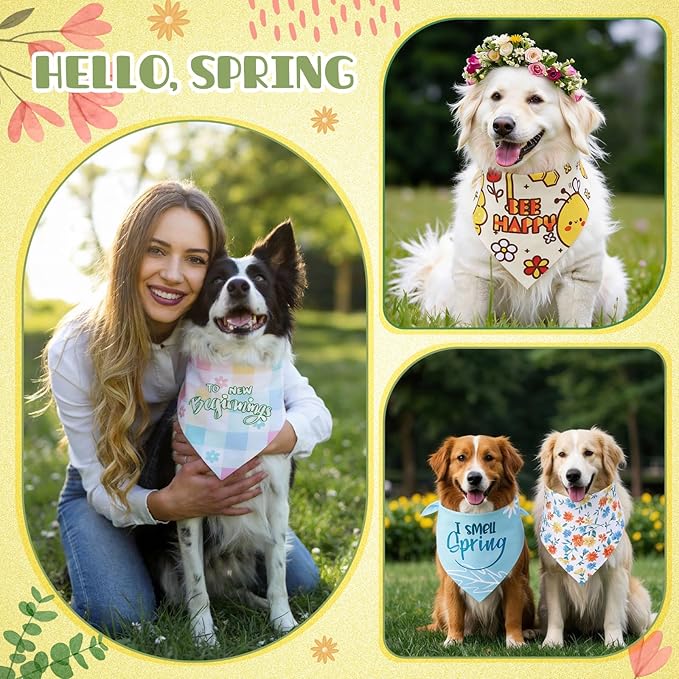 Kacctyen 50 Pcs Spring Dog Bandanas Bulk Large Bandanas for Dogs Grooming with Spring Flowers Bees Adjustable Pet Triangle Scarf Bib Washable for Small Medium Large Puppy Cats Pets Costume Accessories