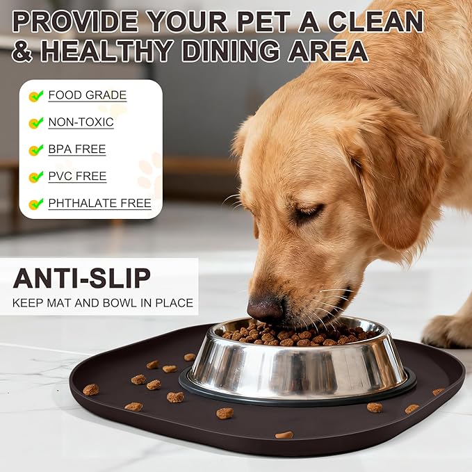 Small Silicone Pet Food Mat with Raised Edge for Food and Water Bowl, Square Dog Feeding Mats, Cat Food Trays for Floor Waterproof, Rubber Tray for Dogs and Cats, 12 x 12 x 0.7 Dark Brown