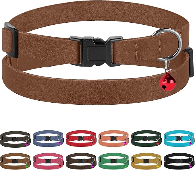 Muromto Breakaway Cat Collar Leather Soft Adjustable Pet Kitten Collars with Bell Pink Brown Blue Green Red (Cognac)