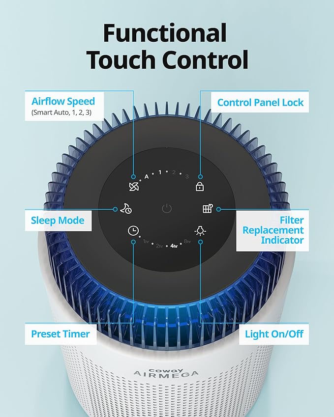 COWAY Air Purifiers for Home up to 810 ft², HEPA Filter and Carbon Filter for Smoke, Allergies, Pet Dander, Odor, AQI Monitor, Auto Mode, Timer, Filter Indicator, Night Light, 3yr Warranty, 100 White