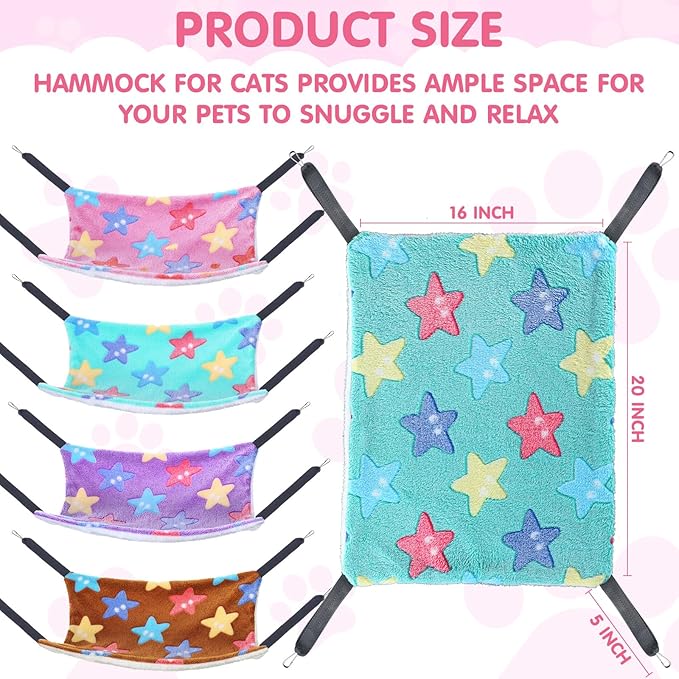 8 Pcs Reversible Cat Hammock Plush Ferret Hammock Hanging Bed with Straps and Metal Hooks Cage Accessories for Indoor Kitten Puppy Rabbits Feral Animals Rehab and Shelters(Starfish Style)