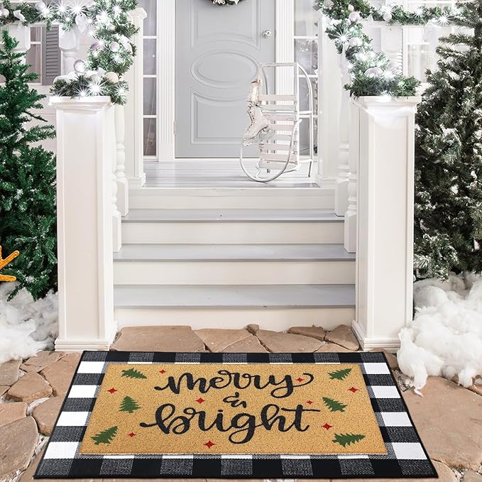 Tinideya 2 Pcs Door Mat Welcome Non Slip Coir Mats Floor Layering Doormats Seasonal for Front Porch Entryway Decor(Rustic Christmas)