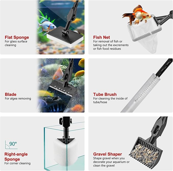 Lpraer Multifunction 7 PCS Aquarium Cleaning Tools Bundle Kit Set Adjustable Fish Tank Cleaner w/Long Telescopic Extended Handle,Fish Net,Algae Scraper, Sponge Pad, Gravel Rake & Cleaning Brush