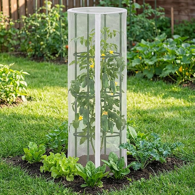 4 Pcs Garden Bird Netting for Round Plant Cage, 59" x 18" Tomato Cage Garden Net Cover with Zipper, Tomato Trellis Insect Bird Barrier Protection Mesh for Vertical Climbing Plants Vegetables Fruits