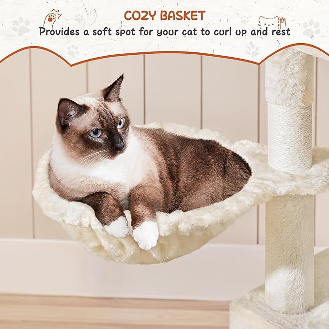 Yaheetech 76.5in Multi-Level Large Cat Tree, Big Cat Tower with 3 Condos, Cozy Plush Perches, 9 Sisal Scratching Posts and Ladder, Activity Center for Large Kitties, Beige