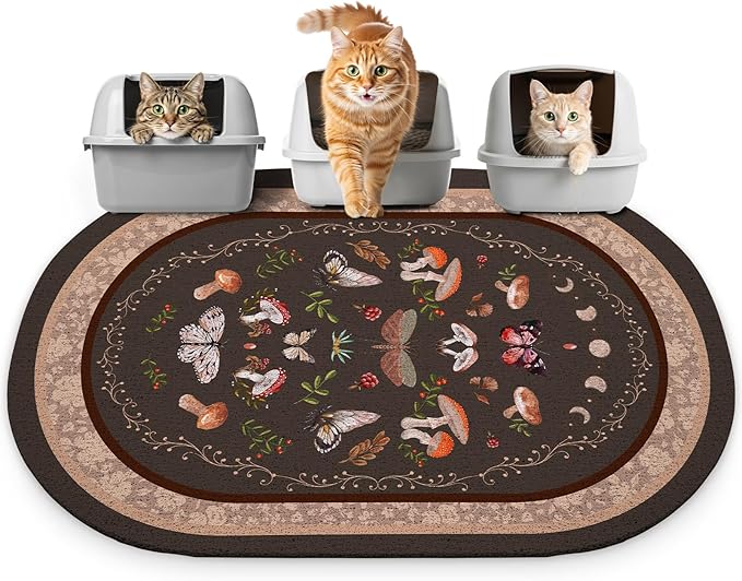 Bienbee Cat Litter Mat, 40" x 30" Jumbo Size Litter Box Mat Rug with Non-Slip Bottom, Urine and Water Proof, Easy to Clean Cat Supplies Essentials for Indoor Kitty Kitten Floor,Brown Mushrooms XL