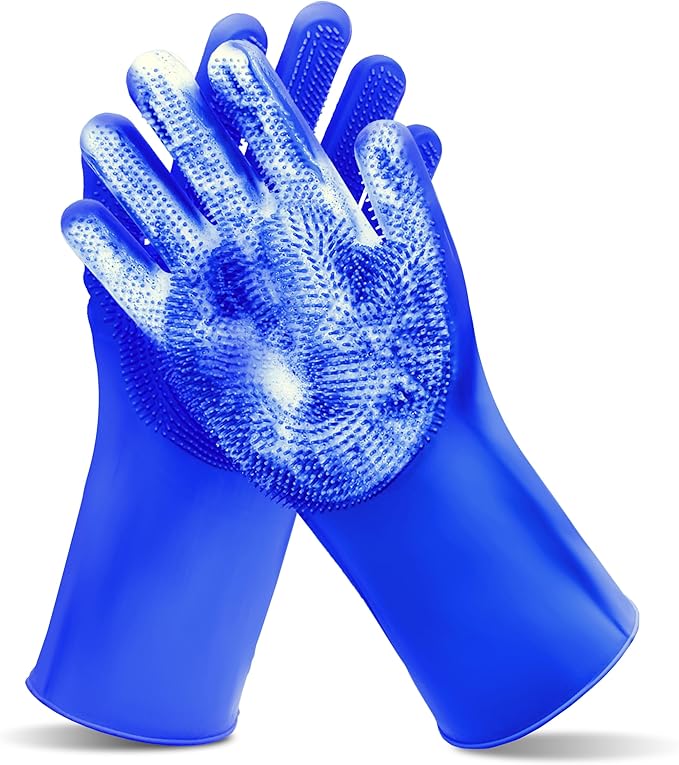 Pet Grooming Gloves—Heat Resistant Dog Washing Gloves with High-Density Teeth, Dog Bath Scrubber with Enhanced Five Finger Design, Silicone Gloves for Dogs and Cats Bathing, Massage (Dark Blue)