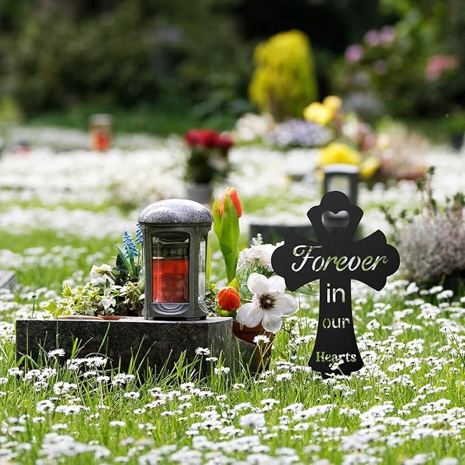 Grave Decorations for Cemetery: Forever in Our Hearts Metal Pet Grave Marker - Cross Sympathy Memorial Stake for Outdoor. Ideal Gifts to Honor The Memory of Departed Loved Ones(9.8 x 5.6'')
