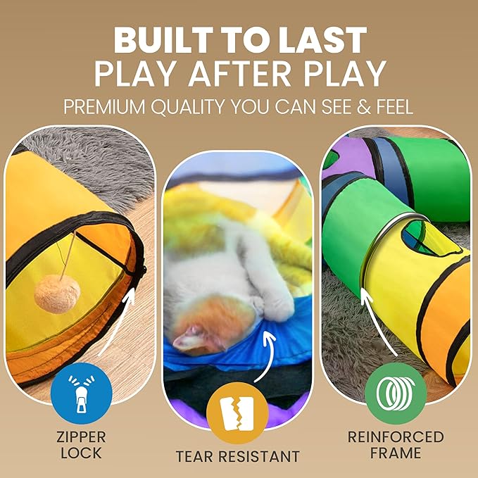 Genius Cat Tunnels for Indoor Cats - Large Customizable 5-Way Tunnel Tube System with Hanging Toys, Storage Bag, Tear-Resistant & Collapsible Play Center for Kittens, Small Dogs, & Rabbits