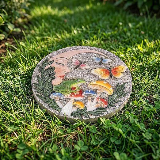 Garden Stepping Stones Outdoor, 9.8" Resin Frog Stepping Stone with Moon Butterfly Mushroom, Spring Decorative Round Walkway Gardening Gifts Home Decor for Outside Yard Pathway Patio Lawn