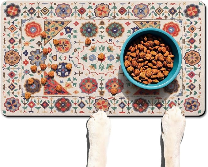 Moroccan Trellis Dog Food & Water Mat, Boho Colorful Vintage Pet Feeding Mat for Floor Non-Slip Waterproof, Super Absorbent Cat Bowl Mat, Easy to Clean Durable Pet Placemat,17" × 30"