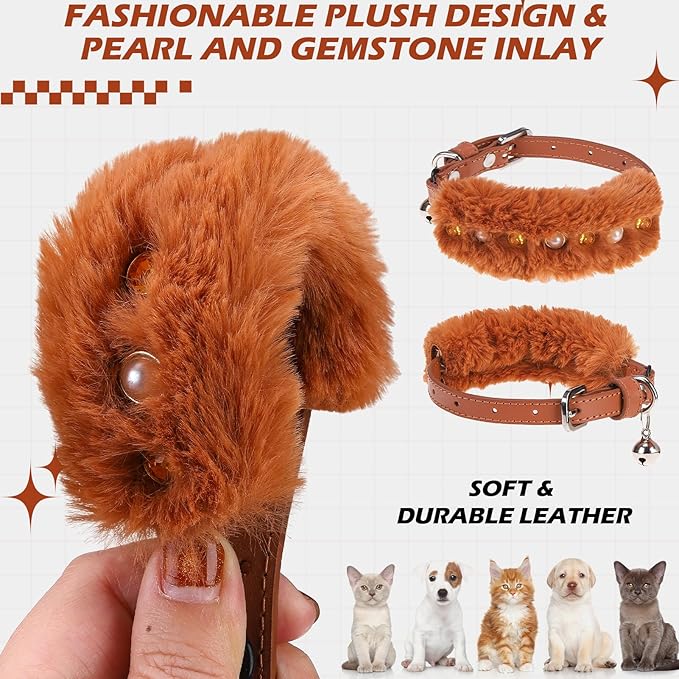 EXPAWLORER Leather Cat Collar - Adjustable Furry Pet Collar with Pearls and Gemstones for Girl Boy Cats, Elegant Plush Collar with Bell & Durable D-Ring, Brown