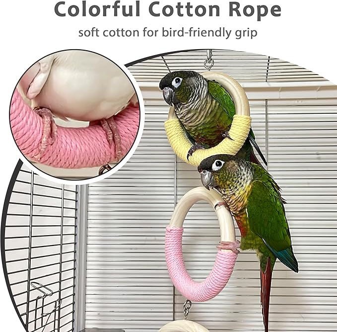 3-Ring Bird Swing Toy, Wrapped with Cotton Rope for Parrots Soft Grip, Thick Wood Parakeet Swing Perch for Cage, Hanging Climbing Bird Toys for 2-3 Parrots Budgies, Lovebirds, Cockatiels