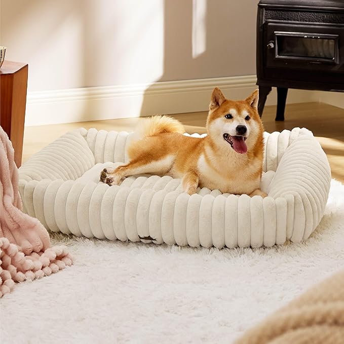 Bedsure ComfyFleece™ Cute Dog Beds Large Sized Dog - Washable Furry Pet Beds, Rectangle Orthopedic Corduroy Fleece Puppy Beds with Removable Zipper Cover, 36x27x8inches, Cream