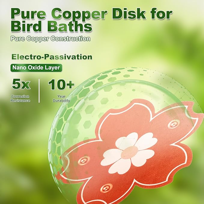 Bird Bath Purification Disk, 99.99% Pure Copper Disc for Bird Bath with Triple-Point Support Design 0.6mm Reinforced Metal Cleaner Safe for Outside Bowls Physical Water Cleaning All-Season Use