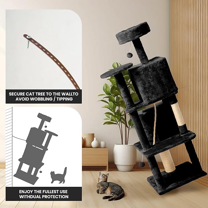 56-Inch Cat Tree for Large Cats, Multi-Level Cat Tower with 2 Condos, Sisal Scratching Posts & Hanging Toys – Sturdy Cat Furniture for Indoor Cats, Space-Saving Design (Easy Assembly), Black